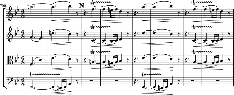 
{ 
#(set-global-staff-size 19)
<< \new StaffGroup <<
        \new Staff <<
            \set Score.currentBarNumber = #700
            \clef treble \key bes \major \time 6/8
            \bar ""
            \relative c''' {
                \clef treble \key bes \major \time 4/4
                a!2.~ a4.(\< bes4)\! r8
                \mark #13
                r4. f4.~\<\startTrillSpan f4( e16\stopTrillSpan f) d4\! r8
                r4. a'~\< a( bes4)\! r8
                r4. f4.~\<\startTrillSpan f4( e16\stopTrillSpan f) d4\! r8
                }
            >>
        \new Staff <<
            \clef treble \key bes \major \time 6/8
            \new Voice \relative c' {
                f4.( es) c'!\<( bes4\!) r8
                r4. c,~\<\startTrillSpan c4( bes16\stopTrillSpan c) d4\! r8
                r4. c'~\< c( bes4\!) r8
                r4. c,~\<\startTrillSpan c4( bes16\stopTrillSpan c) d4\! r8
                }
            >>
        \new Staff <<
            \clef alto \key bes \major \time 6/8
            \new Voice \relative c {
                f4.( c') es(\< d4)\! r8
                r4. a!~\<\startTrillSpan a4( g!16\stopTrillSpan a) bes4\! r8
                r4. es~\< es( d4)\! r8
                r4. a~\<\startTrillSpan a4( g16\stopTrillSpan a) bes4\! r8
                }
            >>
        \new Staff <<
            \clef bass \key bes \major \time 6/8
            \new Voice \relative c, {
                f2.~\startTrillSpan f4(\< e16\stopTrillSpan f) bes4\! r8
                R2. R
                r4. f~\<\startTrillSpan f4( e16\stopTrillSpan f) bes4\! r8
                R2. R
                }
         >>
    >>
>> }
