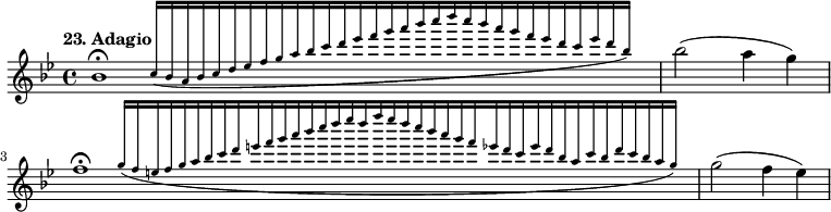 
%etude23
\relative b''
{  
\time 4/4 
\tempo "23. Adagio"
\key bes \major
\afterGrace bes,1 \fermata {c16 [(bes a bes c d ees f g a bes c d ees f g a bes c d c bes a g f ees d c ees d bes)]} | bes 2 (a4 g) | \afterGrace f1\fermata {g16 [(f e f g a bes c d e f g a bes c d ees d f ees d c bes a g f ees d c ees d bes a c bes d c bes a g)]} | g2 (f4 ees)
}
