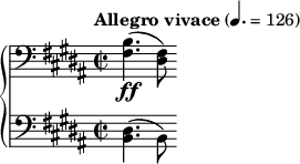 \new PianoStaff <<
    \new Staff {
        \tempo "Allegro vivace" 4. = 126
        \clef bass
        \key b \major
        \time 2/2
        {
        <fis b>4. \ff (<dis fis>8)
        }
    }
    \new Staff {
    \clef bass
    \key b \major
    \time 2/2
     \relative c
      {
      \stemDown <b dis>4. (b8)
      }
    }
  >>
