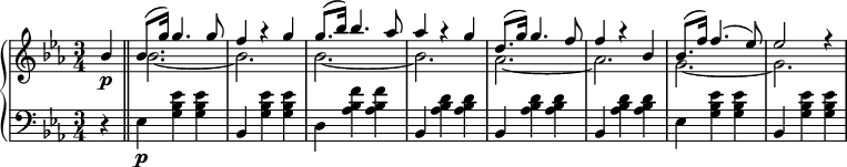 
 \new PianoStaff <<
   \new Staff { \key es \major \time 3/4
    \set Score.tempoHideNote = ##t
     \tempo "" 2. = 56
      \partial 4 \relative ees''
<<
{bes4\p \bar "||" bes8.( g'16) g4. g8 f4 r g g8.( bes16) bes4. aes8 aes4 r g d8.( g16) g4. f8 f4 r bes, bes8.( f'16) f4.( es8) es2 r4 }
\\
{s4 bes2. ~ bes bes ~ bes aes ~ aes g ~ g}
>>}
   \new Staff {\clef bass \key es \major \time 3/4
      \partial 4 \relative es 
       {r4 es\p <g bes es> q bes, <g' bes es> q d <as' bes f'> q bes, <as' bes d> q bes, <as' bes d> q bes, <as' bes d> q es <g bes es> q bes, <g' bes es> q }}
 >>
