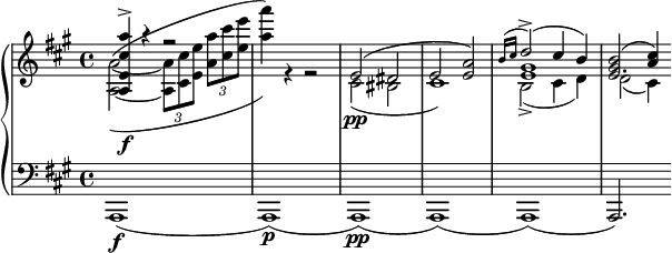 
	\new PianoStaff <<
		\new Staff = "r" <<
			\clef "violin"
			\key a \major
			\new Voice {
				\voiceOne
				\relative {
					< a e' cis' a' >4\f\accent r r2
					s1
					e'2( dis
					e2 < e a >)
					<< { \grace { b'16( cis } d2\accent )( cis4 b) } \\ gis1 e >>
					<< e2. { <gis b>2( <a cis>4) } >>
				}
			}
			\new Voice {
				\voiceTwo
				\relative {
					<a~ a'~>2^(_( \tuplet 3/2 { <a a'>8 <cis cis'> <e e'> } \tuplet 3/2 { < a a'> <cis cis'> <e e'> }
					<a a'>4)) r r2
					cis,,2\pp( bis
					cis1)
					b2\accent( cis4 d)
					d2( cis4)

				}
			}
		>>
		\new Staff = "l" <<
			\clef "bass"
			\key a \major
			\new Voice {
				\relative { a,,1\f( a\p)( a\pp) ( a) ( a) ( a2.) }
			}
		>>
	>>
