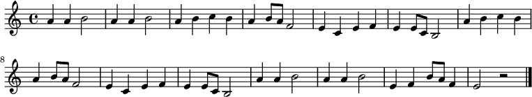 
\relative c' {
\time 4/4 \key c \major
a'4 a4 b2 a4 a4 b2 a4 b4 c4 b4 a4 b8 a8 f2
e4 c4 e4 f4 e4 e8 c8 b2 a'4 b4 c4 b4 a4 b8 a8 f2
e4 c4 e4 f4 e4 e8 c8 b2 a'4 a4 b2 a4 a4 b2
e,4 f4 b8 a8 f4 e2 r2
\bar "|."
}
\addlyrics {
さ く ら さ く ら
や よ い の そ ら ー は
み わ た す か ぎ ー り
か す み か く も ー か
に お い ぞ い ず ー る
い ざ や い ざ や
み に ゆ ー か ん
}
