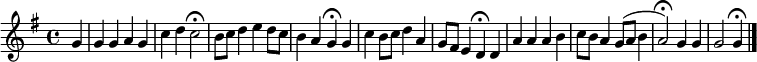 
{
\clef treble \key g \major \tempo 4=90 \set Staff.midiInstrument = "english horn" {
      \set Score.tempoHideNote = ##t
      \override Score.BarNumber #'transparent = ##t
      \time 4/4
      \relative
      { \partial 4 g' g4 g a g c4 d c2 \fermata b8 c d4 e d8 c b4 a g \fermata g c b8 c d4 a g8 fis e4 d \fermata d a' a a b c8 b a4 g8 (a b4 a2) \fermata g4 g g2 g4 \fermata \bar "|."}
    }
  }
