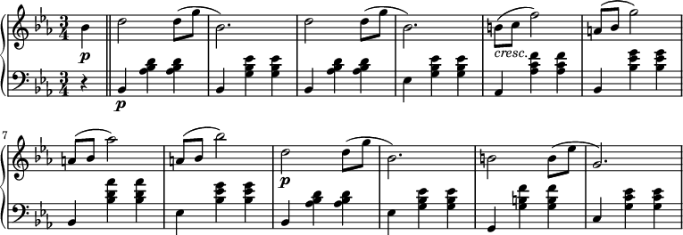 
 \relative b' {
  \new PianoStaff <<
   \new Staff { \key c \minor \time 3/4
    \set Score.tempoHideNote = ##t
     \tempo "" 2. = 56
    \partial 4 bes\p \bar "||" d2 d8( g bes,2.) d2 d8( g bes,2.) b8_\markup { \italic cresc. }( c f2) a,8( bes g'2) a,8( bes aes'2) a,8( bes bes'2) d,2\p d8( g bes,2.) b2 b8( ees g,2.)
    }
   \new Staff { \key c \minor \time 3/4 \clef bass
    r4 bes,,4\p <aes' bes d> <aes bes d> bes, <g' bes ees> <g bes ees> bes,4 <aes' bes d> <aes bes d> ees <g bes ees> <g bes ees> aes, <aes' c f> <aes c f> bes, <bes' ees g> <bes ees g> bes, <bes' d aes'> <bes d aes'> ees, <bes' ees g> <bes ees g> bes,4 <aes' bes d> <aes bes d> ees <g bes ees> <g bes ees> g, <g' b f'> <g b f'> c, <g' c ees> <g c ees> }
  >>
 }
