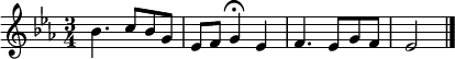 \relative c'' { \time 3/4 \key ees \major 
bes4. c8 bes g 
ees f g4 \fermata ees
f4. ees8 g f
ees2 \bar "|." 
}
