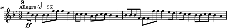 
\relative c'' \new Staff {
  \key bes \major \clef "treble"
  \set Staff.midiInstrument = "oboe"
  \tempo "Allegro" 2 = 96
  \set Score.currentBarNumber = #42 \bar ""
  \override Score.RehearsalMark #'self-alignment-X = #1
  \mark \markup \sans 9

  \time 3/2 d8\ff bes bes4 bes8 bes f' f f4 d | c8 c c4 a8 bes c c bes4 a |
  bes8 bes bes f f f f' f f4 es8 d | d c c4 bes8 bes c c bes4 a |
}
