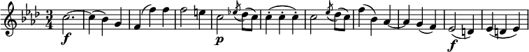  { \tempo 4 = 150 \set Score.tempoHideNote=##t \set Staff.midiInstrument = "violin" \relative c'' { \key f \minor \time 3/4
c2.~ \f| c4( bes) g | f4( f') f | f2 e4 | c2 \p \acciaccatura es!8 des8( c) | c4-.( c-. c-.) |
 c2 \acciaccatura es8 des8( c) | f4( bes,) as~ | as4 g( f) | es2( \f d4) | es4( d es) }} 