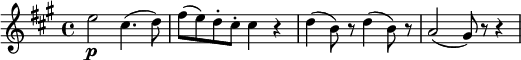 \new Score {
  \new Staff = "clarinet" {
    \transpose c a
    \relative c'' {
      \set Staff.midiInstrument = #"clarinet"
      \clef treble
      \key c \major
      \time 4/4
      \set Score.tempoHideNote = ##t
      \tempo 4 = 120

      g2\p e4.( f8) | a8( g) f-. e-. e4 r | 
      f4( d8) r f4( d8) r | c2( b8) r r4
    }
  }
}