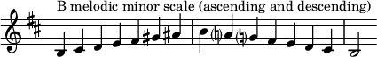  {
\omit Score.TimeSignature \relative c' {
  \key b \minor \time 7/4 b^"B melodic minor scale (ascending and descending)" cis d e fis gis ais b a? g? fis e d cis b2
} }
