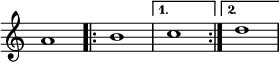  {
\override Score.TimeSignature #'stencil = ##f
{
    \relative c'' {
        \time 4/4
        a1
        \repeat volta 2 { b1 }
        \alternative { { c } { d } }
    }
} }
