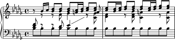 
  \new PianoStaff <<
    \new Staff = "up" \with {
      \consists "Merge_rests_engraver"
    }
    <<
      \set Score.tempoHideNote = ##t
      \tempo 8 = 80
      \clef treble \key bes \minor \time 4/4
      \new Voice \relative c'' {
        \voiceOne
        r8 bes16 c16 <bes des>8 8 8 <a c>16 <bes des>16 <c ees>8 8
        8 <bes des>16 <c ees>16 <des f>8 8 8 <c ees>16 <des f>16 <ees ges>8 8
      }
      \new Voice \relative c' {
        \voiceTwo
        r8 e8\rest e8\rest f8 ges4 e8\rest \stemUp a8
      }
    >>
    \new Staff = "down" <<
      \clef bass \key bes \minor \time 4/4
      \new Voice \relative c' {
        \voiceThree \showStaffSwitch
        <des f>8 e8\rest e8\rest des8 ees4 \change Staff = "up" \stemDown e8\rest <c ges'>8
        <des f>4 e8\rest <des f bes>8 <c a'>4 e8\rest <c a'>8
      }
      \new Voice \relative c' {
        \voiceFour
        bes8 8 8 8 8 8 8 8
        8 8 8 8 8 8 8 8
      }
    >>
  >>
