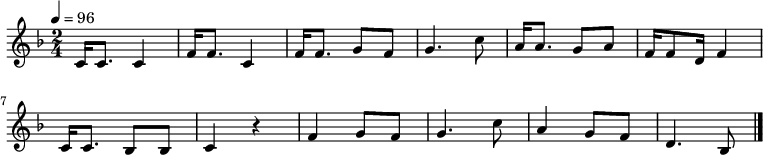 
\relative c' {
 \key d \minor
 \clef treble
 \tempo 4 = 96
 \time 2/4
 c16 c8. c4| f16 f8. c4| f16 f8. g8 f8| g4. c8|
 a16 a8. g8 a8| f16 f8 d16 f4| c16 c8. bes8 bes8| c4 r4|
 f4 g8 f8| g4. c8| a4 g8 f8| d4. bes8 \bar "|."
}
\addlyrics {
 つ き ぬ か い しゃ とぅ か み ー か ー
 み や ら び か い ー しゃ とぅ ー な な つ
 ほ ー ー い ー ちょ ー ー が ー
}
