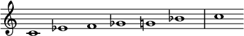  {
\override Score.TimeSignature #'stencil = ##f
\set Score.tempoHideNote = ##t
\tempo 1 = 120
\relative c' { 
  \cadenzaOn
  c1 es f ges g bes \bar "|" c
} }
