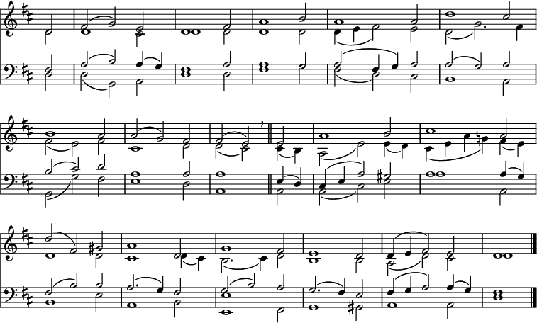 
<< <<
\new Staff { \clef treble \time 3/2 \partial 2 \key d \major \set Staff.midiInstrument = "flute" \omit Staff.TimeSignature \set Score.tempoHideNote = ##t \override Score.BarNumber  #'transparent = ##t
  \relative c'
  << { d2 | fis( g) e | d1 fis2 | a1 b2 | a1 a2 | d1 cis2 | \break
  b1 a2 | a( g) fis | fis( e) \breathe \bar"||" e | a1 b2 | cis1 a2 |
  d( fis,) gis | a1 d,2 | g1 fis2 | e1 d2 | d4( e fis2) e | d1 \bar"|." } \\
  { d2 | d1 cis2 | d1 d2 | d1 d2 | d4( e fis2) e | d( g2.) fis4 |
  fis2( e) fis | cis1 d2 | d( cis) cis4( b) | a2( e') e4( d) | cis( e a g!) fis( e) |
  d1 d2 | cis1 d4( cis) | b2.( cis4) d2 | b1 b2 | a( d) cis | d1 } >>
}
\new Staff { \clef bass \key d \major \set Staff.midiInstrument = "flute" \omit Staff.TimeSignature
  \relative c
  << { fis2 | a( b) a4( g) | fis1 a2 | a1 g2 | a( fis4 g) a2 | a( g) a |
  b( cis) d | a1 a2 | a1 e4( d) | cis( e a2) gis | a1 a4( g) | 
  fis2( b) b | a2.( g4) fis2 | g( b) a | g2.( fis4) e2 | fis4( g a2) a4( g) | fis1 } \\
  { d2 | d( g,) a | d1 d2 | fis1 g2 | fis( d) cis | b1 a2 | 
  g( g') fis | e1 d2 | a1 a2 | a( cis) e | a1 a,2 |
  b1 e2 | a,1 b2 | <e e,>1 fis,2 | g1 gis2 | a1 a2 | d1 } >>
}
>> >>
\layout { indent = #0 }
\midi { \tempo 2 = 68 }
