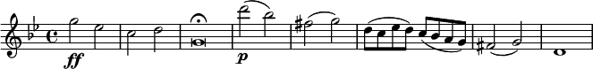 
\relative g'' { \key g \minor \time 4/4
g2 \ff es | c2 d |  g,\breve*1/2 \fermata
d''2( \p bes) | fis2( g) | d8( c es d) c( bes a g) | fis2( g) | d1
} 