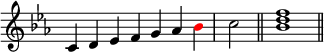 
{
\override Score.TimeSignature #'stencil = ##f
\relative c' {
  \clef treble \key c \minor
  \time 7/4 c4 d es f g aes \once \override NoteHead.color = #red bes \time 2/4 c2 \bar "||"
  \time 4/4 <bes d f>1 \bar "||"
} }
