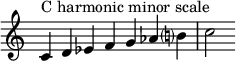  {
\override Score.TimeSignature #'stencil = ##f
\relative c' { 
  \clef treble \time 7/4 
  c4^\markup { C harmonic minor scale } d es f g aes b!? c2
  }
}
