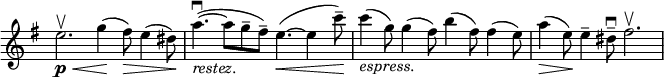 
\relative c' \new Staff \with { \remove "Time_signature_engraver" } {
 \key e \minor \time 12/8
  e'2.\p \upbow \< g4\!( fis8\>) e4( dis8\!) a'4.~\downbow _\markup \italic restez. ( a8 g-- fis--) e4.~\< ( e4 c'8--\!)
  c4_\markup \italic espress. ( g8) g4( fis8) b4( fis8) fis4( e8) a4\>( e8\!) e4-- dis8--\downbow fis2.\upbow
}
