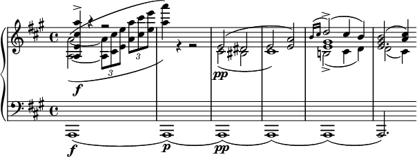 
	\new PianoStaff <<
		\new Staff = "r" <<
			\clef "violin"
			\key a \major
			\new Voice {
				\voiceOne
				\relative {
					< a e' cis' a' >4\f\accent r r2
					s1
					e'2( dis
					e2 < e a >)
					<< { \grace { b'16( cis } d2\accent )( cis4 b) } \\ gis1 e >>
					<< e2. { <gis b>2( <a cis>4) } >>
				}
			}
			\new Voice {
				\voiceTwo
				\relative {
					<a~ a'~>2^(_( \tuplet 3/2 { <a a'>8 <cis cis'> <e e'> } \tuplet 3/2 { < a a'> <cis cis'> <e e'> }
					<a a'>4)) r r2
					cis,,2\pp( bis
					cis1)
					b!2\accent( cis4 d)
					d2( cis4)
				}
			}
		>>
		\new Staff = "l" <<
			\clef "bass"
			\key a \major
			\new Voice {
				\relative { a,,1\f( a\p)( a\pp) ( a) ( a) ( a2.) }
			}
		>>
	>>
