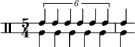 
<< \relative c' {
   \override Staff.StaffSymbol.line-positions = #'(-2 2)
   \clef percussion
   \time 5/4
   \override TupletNumber.text = #tuplet-number::calc-fraction-text
   \tuplet 6/5 { e4 e e e e e } e4
} \\ \relative c' {
   a4 a a a a a
}
>>
