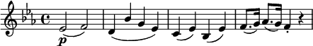  \relative es' {
\key es \major \time 4/4 \stemUp
es2( \p f) | d4( bes' g es)
c4( es) bes( es) | f8.( g16) as8.( g16) f4-. r
} 