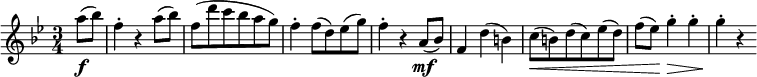 
\relative a'' {
\key bes \major \time 3/4
\partial 4 a8( \f bes) | f4-. r a8( bes)
f8( d' c bes a g) | f4-. f8( d) es( g) | f4-. r a,8( \mf bes)
f4 d'( b) | c8( \< b) d( c) es( d)
f8(  es) \! \once \override Hairpin.extra-offset = #'( 0 . -0.8) g4-.\> g-. |g4-. \! r
} 