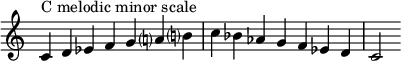  {
\override Score.TimeSignature #'stencil = ##f
\relative c' { 
  \clef treble \time 7/4
  c4^\markup { C melodic minor scale } d es f g a!? b!?
  c bes aes g f es d
  c2
  }
}
