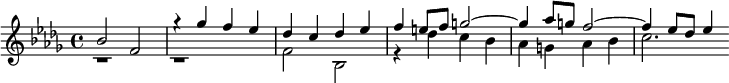 
  \new PianoStaff <<
    \new Staff = "up"
    <<
      \clef treble \key bes \minor \time 4/4
      \new Voice \relative c'' {
        \voiceOne
        bes2 f g'4\rest ges f ees
        des c des ees f e8 f g2~ g4 aes8 g f2~ f4 ees8 des ees4
      }
      \new Voice \relative c' {
        \voiceTwo
        b1\rest b1\rest
        f'2 bes, r4 des' c bes aes g aes bes c2.
      }
    >>
  >>
