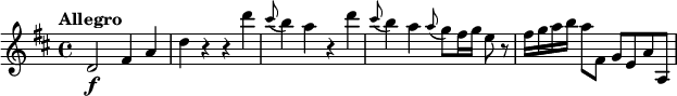 
\relative c' {
  \tempo "Allegro"
  \key d \major
  d2\f fis4 a |
  d4 r r d' |
  \appoggiatura cis8 b4 a r d |
  \appoggiatura cis8 b4 a \appoggiatura a8 g fis16 g e8 r |
  fis16 g a b a8 fis, g[ e a a,]
}
