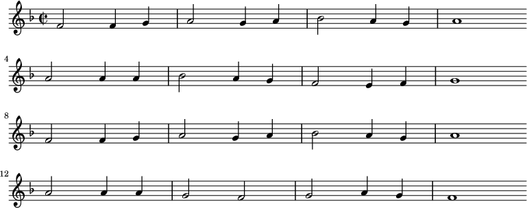 
\new Staff <<
\clef treble \key f \major {
      \time 2/2 \partial 1    
      \relative f' {
	f2 f4 g | a2 g4 a | bes2 a4 g | a1 \bar"" \break
        a2 a4 a | bes2 a4 g  | f2 e4 f | g1 \bar"" \break
        f2 f4 g | a2 g4 a | bes2 a4 g | a1 \bar"" \break
        a2 a4 a | g2 f  | g2 a4 g | f1 \bar"" \break
      }
    }
%\new Lyrics \lyricmode {
%}
>>
\layout { indent = #0 }
\midi { \tempo 2 = 54 }
