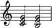  {
\override Score.TimeSignature #'stencil = ##f
\relative c' { 
  \clef treble \time 4/4
  <c e g>2 <b e g>
} }
