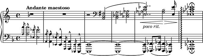  {
\relative c' { \new PianoStaff << \set PianoStaff.connectArpeggios = ##t
\new Staff { \key f \major \tempo "Andante maestoso"
  R1 R r2 \clef F << { <a, c fis>2\(
  \stemDown <bes des g> <ces ees aes> \stemUp <ees ees'>2..\) q16 s1 } \\
  { \stemNeutral s2*3 <aes bes>2\<_\markup\italic{poco rit.} <g bes>\>
  <ees aes ces ees>1\arpeggio\!^\fermata } >>
}
\new Staff { \clef F \key f \major
  \slashedGrace { <a a'>8 } <a a'>2^^ \slashedGrace { <ees ees'>8 } <ees ees'>2^^
  \slashedGrace { <a, a'>8 } <a a'>4^^ \slashedGrace { <ees ees'>8 } <ees ees'>4^^
  \slashedGrace { <a, a'>8 } <a a'>4^^ \slashedGrace { <ees ees'>8 } <ees ees'>4^^~q1~q~
  q4 <fes fes'>8. ( <ges ges'>16 <fes fes'>4 <ees ees'> )
  <aes ees' aes>1\arpeggio_\fermata %<!-- can't get fermata on the barline to work here -->
}
>> } }