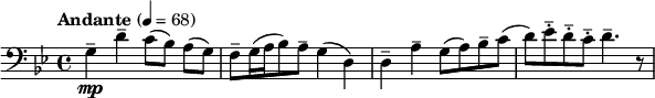  \relative c' { \key g \minor \tempo "Andante" 4=68 \clef bass \time 4/4 g4\mp-- d'-- c8([ bes)] a([ g)] | f--[ g16( a bes8) a--] g4( d) | d-- a'-- g8( a) bes-- c( | d) ees-.-- d-.-- c-.-- d4.-- r8 } 