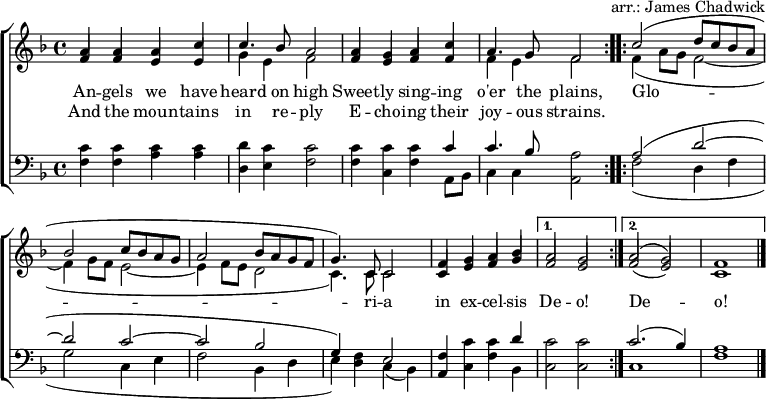 
\header { tagline = ##f arranger = "arr.: James Chadwick" }
\layout { indent = 0 \context { \Score \remove "Bar_number_engraver" } }
global = { \key f \major \time 4/4 }

verse = \lyricmode {
  An -- gels we have heard on high
  Sweet -- ly sing -- ing o'er the plains,
  \repeat volta 2 { Glo -- ri -- a in ex -- cel -- sis } \alternative { { De -- o! } { De -- o! } }
}
verseR = \lyricmode {
  And the moun -- tains in re -- ply
  E -- cho -- ing their joy -- ous strains.
}
soprano = \relative c'' { \global \set midiInstrument = "flute" \voiceOne
  \repeat volta 2 { a4 a a c | c4. bes8 a2
    a4 g a c | a4. g8 f2 | }
  \repeat volta 2 { c'2 (d8 c bes a |bes2 c8 bes a g | a2 bes8 a g f | g4.) c,8 c2 |
    f4 g a bes | } \alternative { { a2 g | } { a2 (g) | f1 \bar "|." } }
}

alto = \relative c' { \global \set midiInstrument = "flute" \voiceTwo
  \repeat volta 2 { \stemUp f4 f e e | \stemDown g e f2 |
    \stemUp f4 e f f | \stemDown f e f2 | }
  \repeat volta 2 { f4 (a8 g f2~ | f4 g8 f e2~ | e4 f8 e d2 | c4.) c8 c2 |
    \stemUp c4 e f g | } \alternative { { f2 e | } { f2 (e) | c1 \bar "|." } }
}

tenor = \relative c' { \global \set midiInstrument = "clarinet"
  \repeat volta 2 { c4 c c c | d c c2 |
    c4 c c c | c4. bes8 a2 | }
  \repeat volta 2 { a2 (d~ | d c~ | c bes | g4) f e2 |
    f4 c' c d | } \alternative { { c2 c } { c2. (bes4) | a1 \bar "|." } }
}

bass = \relative c { \global \set midiInstrument = "clarinet"
  \repeat volta 2 { f4 f a a | d, e f2 |
    f4 c f a,8 bes | c4 c a2 | }
  \repeat volta 2 { f'2 (d4 f | g2 c,4 e | f2 bes,4 d | e) d c (bes) |
    a c f bes, | } \alternative { { c2 c } { c1 | f1 \bar "|." } }
}

\score {
  \new ChoirStaff <<
    \new Staff
    <<
      \new Voice \soprano
      \addlyrics \verse
      \addlyrics \verseR
      \alto
    >>
    \new Staff
    <<
      \clef bass
      \partCombine \tenor \bass
    >>
  >>
  \layout { }
}
\score { \unfoldRepeats { << \soprano \\ \alto \\ \tenor \\ \bass >> }
  \midi { \tempo 4=120
    \context { \Staff \remove "Staff_performer" }
    \context { \Voice \consists "Staff_performer" }
  }
}
