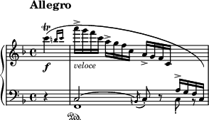 
\new PianoStaff <<
\new Staff = "Up" \with { \magnifyStaff #3/4 } <<
\new Voice \relative c' {
\clef treble
\override Score.MetronomeMark.Y-offset=#9
\tempo "Allegro"
\set Score.tempoHideNote = ##t \tempo 2 = 80

\time 4/4
\key f \major
\partial 4
\afterGrace c''4 \f \trill ({b16 c} a'-> _\markup{\italic veloce} g f c a-> g f c a-> g f c \change Staff = "Down" \stemUp a^> g f c)
}
>>
\new Staff = "Down" \with { \magnifyStaff #3/4 } <<
\new Voice \relative c{
\clef bass
\key f \major
r4 c2^(\acciaccatura b8) c-. d \rest \stemDown c_. b \rest
}
\new Voice \relative c{
s4 f,1 \sustainOn
}
>>
>>
