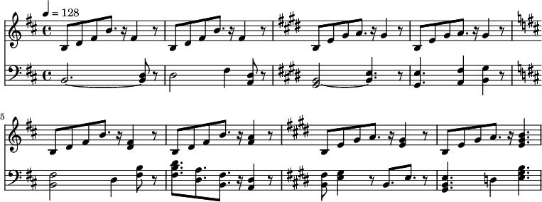 
<< <<
\new Staff { \clef treble 
\set Staff.midiInstrument = "voice oohs" 
\relative c'{ 
\key d \major
\set Staff.midiExpression = 0.5
\tempo 4 = 128
b8 d8 fis8 b8. r16 fis4 r8
\set Staff.midiExpression = 0.6
b,8 d8 fis8 b8. r16 fis4 r8
\key e \major
\set Staff.midiExpression = 0.7
b,8 e8 gis8 a8. r16 gis4 r8
\set Staff.midiExpression = 0.8
b,8 e8 gis8 a8. r16 gis4 r8

\key d \major
b,8 d8 fis8 b8. r16 <fis d>4 r8
\set Staff.midiExpression = 0.7
b,8 d8 fis8 b8. r16 <fis a>4 r8
\key e \major
\set Staff.midiExpression = 0.6
b,8 e8 gis8 a8. r16 <e gis>4 r8
\set Staff.midiExpression = 0.5
b8 e8 gis8 a8. r16 <e gis b>4.
}}

%%%%%%%%%%%%%%%%%%%%%%%%%%%%%%%%%%%%%%%%%%%%%%%

\new Staff { \clef bass 
\set Staff.midiInstrument = "choir aahs"
\relative c {
\key d \major
\set Staff.midiExpression = 0.7
b2.~<b d>8 r8
\set Staff.midiExpression = 0.8
d2 fis4 <d a>8 r8
\key e \major
\set Staff.midiExpression = 0.9
<b gis>2~<b e>4. r8
\set Staff.midiExpression = 1
<e gis,>4. <fis a,>4 <gis b,>4 r8

\key d \major
<b, fis'>2 d4 <fis b>8 r8
\set Staff.midiExpression = 0.9
<b fis d'>8. <d, a'>8. <b fis'>8. r16 <d a>4 r8
\key e \major
\set Staff.midiExpression = 0.8
<b fis'>8 <e gis>4 r8 b8. e8.  r8
\set Staff.midiExpression = 0.75
<b gis e'>4. d4 <e gis b>4.
}}
>> >>
\layout { indent = #0 }
\midi { \tempo 4 = 128 }
