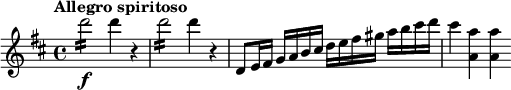 
\relative c''' {
 \tempo "Allegro spiritoso"
 \key d \major
 d2:16\f d4 r |
 d2:16 d4 r |
 d,,8 e16 fis g a b cis d e fis gis a b cis d |
 cis4 <a a,> q
}
