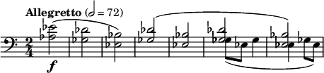  \relative c' { \clef bass \time 2/4 \set Staff.midiInstrument = #"trombone" \tempo "Allegretto" 2 = 72 <ees aes,>2(\f | <des ges,> | <bes ees,>) | << { <des ges,>( | <bes ees,> | <des ges,> | <bes ees,>) } \\ { s2 | s2 | ges8( ees ges4 | ees ges8 ees) } >> } 
