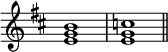 
{
\override Score.TimeSignature
#'stencil = ##f
    \relative c' {
        \time 4/4 \key b \minor
        <e g b>1 <e g c> \bar "||"
    }
}
