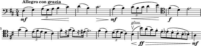 
    \relative c {
        \set Score.tempoHideNote = ##t \tempo 4 = 144
        \set Staff.midiInstrument = #"cello"
        \clef bass
        \key d \major
        \time 5/4
        fis4\mf(^\markup { \bold { Allegro con grazia } }
        g) \tuplet 3/2 { a8(\< g a } b4 cis)\!
        d( b) cis2.\>
        a4(\mf b) \tuplet 3/2 { cis8(\< b cis } d4 e)\!
        \clef tenor
        fis(\f d) e2. \break
        g4( fis) \tuplet 3/2 { e8( fis e } d4 cis)
        fis8-. [ r16 g( ] fis8) [ r16 eis( ] fis2.)
        fis4( e) \tuplet 3/2 { d8( e d } cis4) b\upbow(\<^\markup { \italic gliss. }
        b'8)\ff\> [a( g) fis-. ] e-. [ es-.( d-. cis-. b-. bes-.) ]
        a4\mf
}
