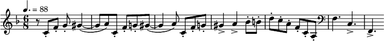  \relative c' { \clef treble \key f \major \tempo 4.=88 \time 6/8 r8 c-. f-. g-. gis4~( | gis8 a) c,-. f-. g!-. gis~( | gis4 a8) c,-. f-. g!-. | gis4-> a-> bes8-. b-. | d-. c-. a-. f-. c-. a-. | \clef bass f4. c-> | f,-> } 