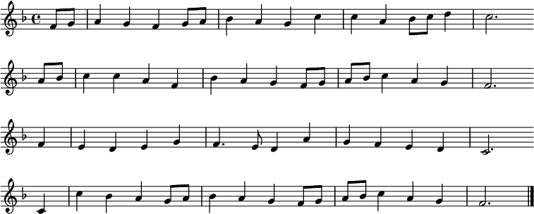 
\new Staff <<
\clef treble \key f \major {
      \time 4/4 \partial 4     
      \relative f' {
	f8 g | a4 g f g8 a | bes4 a g c | c a bes8 c d4 | c2. \bar"" \break
        a8 bes | c4 c a f | bes a g f8 g | a bes c4 a g | f2. \bar"" \break
        f4 | e d e g | f4. e8 d4 a' | g f e d | c2. \bar"" \break
        c4 | c' bes a g8 a | bes4 a g f8 g | a bes c4 a g | f2. \bar"|."
      }
    }
%\new Lyrics \lyricmode {
%}
>>
\layout { indent = #0 }
\midi { \tempo 4 = 86 }
