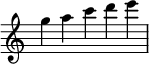 
\relative c''' {
  \time 5/4
  \omit Score.TimeSignature
  g a c d e
}
