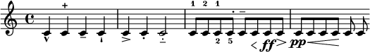 {
\time 4/4
\clef treble
\key c \major
c'4-^ c'-+ c'-- c'-! c'-> c'-. c'2-_ c'8-1 c'-2 c'^1_2 c'^._5 c'^- c'\< c'\ff c'\> c'\pp c'\< c' c'\! c' c'
}