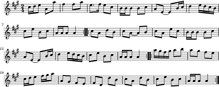 
    \relative c'' {
      \numericTimeSignature
      \key a \major
      \time 2/4
      \repeat volta 2 { % A
        cis16[ d e8] a,[ a'] | fis4 fis8[ a] |
        e8.[ fis16] e8[ cis] | b16[ b b8] b[ cis] |
        a8[ e~] e8[ b'16 cis] | d4 e16[ d cis b] |
        cis8[ e] b[ cis] | a16[ a a8] a4
      }
      \repeat volta 2 { % B
        cis8[ a] d8[ b] | cis8[ a~] a[ b] |
        cis8[ a] e'[ cis] | b16[ b b8] b[ cis] |
        a8[ e~] e[ b'16 cis] | d4 e16[ d cis b] |
        cis8[ e] b8[ cis] | a16[ a a8] a4
      }
      \repeat volta 2 { % C
        a'16[ gis fis gis] a8[ b] | a8[ gis] fis[ e] |
        cis16[ d e8] fis16[ gis a8] | a,8[ gis] fis[ e] |
        fis8[ d] d'[ b] | cis8[ a] d[ b] |
        cis8[ e] b8[ cis] | a16[ a a8] a4
      }
  }
