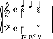 
    {
      \override Score.SpacingSpanner.strict-note-spacing = ##t
  \set Score.proportionalNotationDuration = #(ly:make-moment 1/6)
      \new PianoStaff <<
        \new Staff <<
            \new Voice \relative c'' {
                \stemUp \clef treble \key c \major \time 4/4
                f4 e d2
                }
            \new Voice \relative c'' {
                \stemDown
                <a c>2 <g b>
                }
            >>
        \new Staff <<
            \relative c {
                \clef bass \key c \major \time 4/4
                f2_\markup { \concat { "IV" \hspace #1 "IV" \super \column { "7" } \hspace #1 "V" } }
                g
                }
            >>
    >> }
