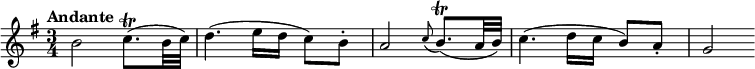 
\relative c'' { \set Score.tempoHideNote = ##t \tempo "Andante" 4=70 \key g \major \time 3/4
  b2 c8.\trill ( b32 c) d4.( e16 d c8) b-. a2
  \appoggiatura c8 b8.\trill ( a32 b) c4.( d16 c b8) a-. g2
}
