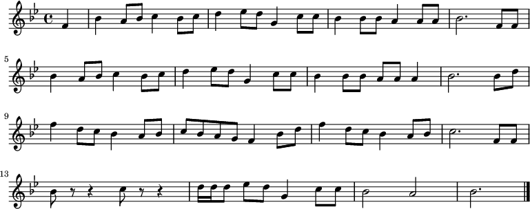 {
\set Staff.midiInstrument = #"violin" \key bes \major \partial 4 \relative f' {
 f \bar "|" bes a8 bes c4 bes8 c | d4 es8 d8 g,4 c8 c | bes4 bes8 bes a4 a8 a | bes2. f8 f \break
 bes4 a8 bes c4 bes8 c | d4 es8 d8 g,4 c8 c | bes4 bes8 bes a a a4 | bes2. bes8 d \break
 f4 d8 c8 bes4 a8 bes | c bes a g f4 bes8 d | f4 d8 c8 bes4 a8 bes c2. f,8 f \break
 bes r r4 c8 r r4 | d16 d d8 es8 d8 g,4 c8 c | bes2 a | bes2. \bar "|."
}}