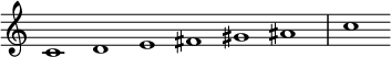  {
\override Score.TimeSignature #'stencil = ##f
\set Score.tempoHideNote = ##t
\tempo 1 = 120
\relative c' { 
  \cadenzaOn
  c1 d e fis gis ais \bar "|" c
} }
