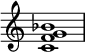  {
\override Score.TimeSignature #'stencil = ##f
\relative c' { 
  \clef treble \time 4/4
  <c f g bes>1
} }
